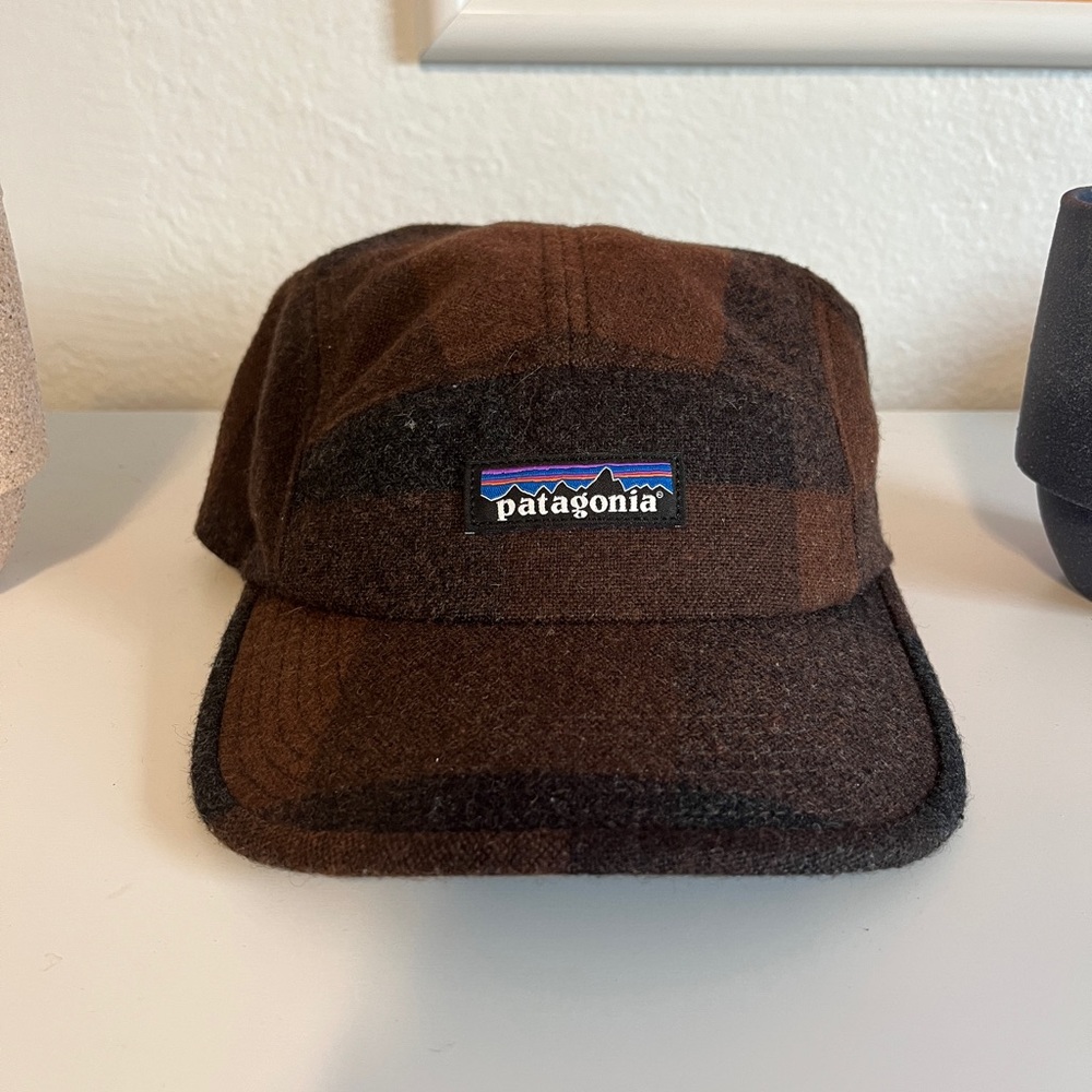 Patagonia recycled wool 5 panel hat brown plaid